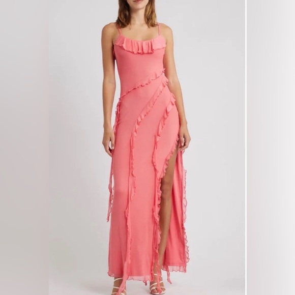 Princess Polly Dresses & Skirts - NWT- Princess Polly High Slit Ruffle Dress, Coral, size 8
